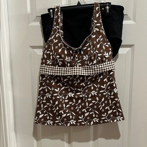 Lands' End Brown and White Floral Tankini with black bottoms